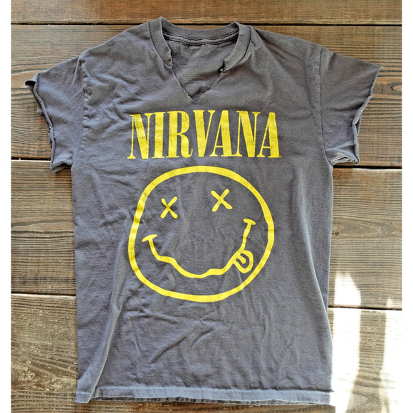 Vintage Nirvana Shirt Womens Small Gray Smiley Face Graphic Grunge Band Tee 90s - Picture 1 of 6